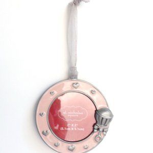 Christmas Ornament Baby Photo Frame Pink Silver Enamel Rattle Round 2" x 2" NEW